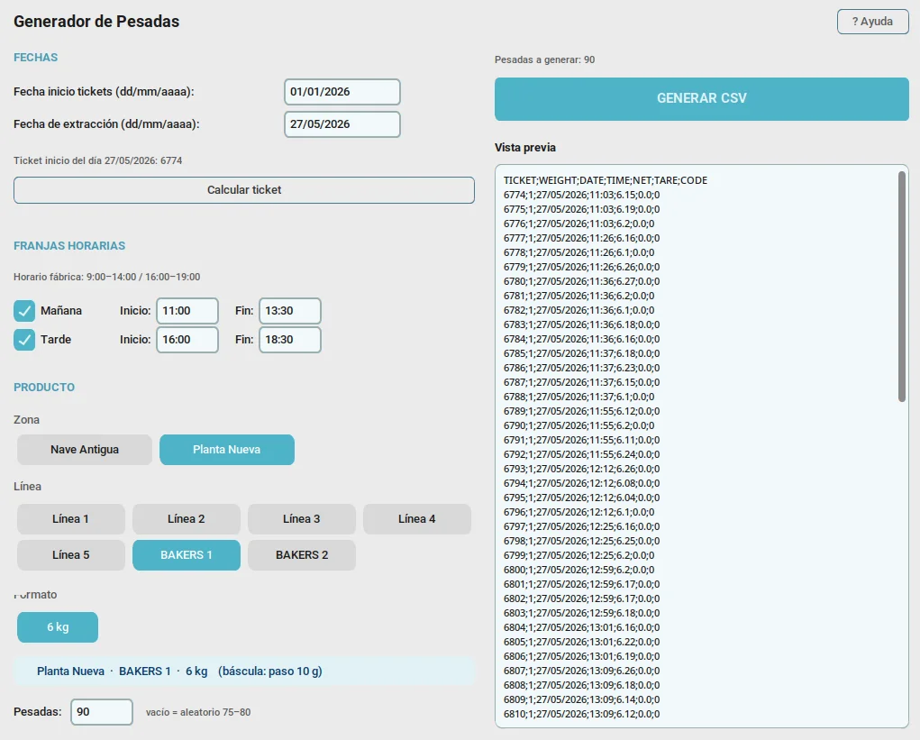 Generador de pesadas — catálogo de líneas y vista previa del CSV
