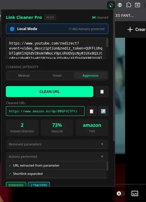 Link Cleaner Pro limpiando una URL con tracking