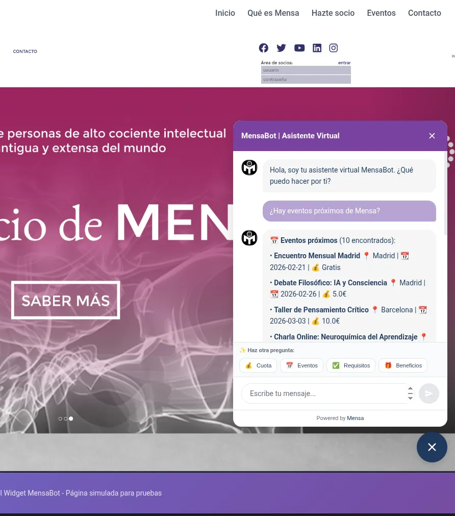 Widget de chatbot integrado en la web del cliente